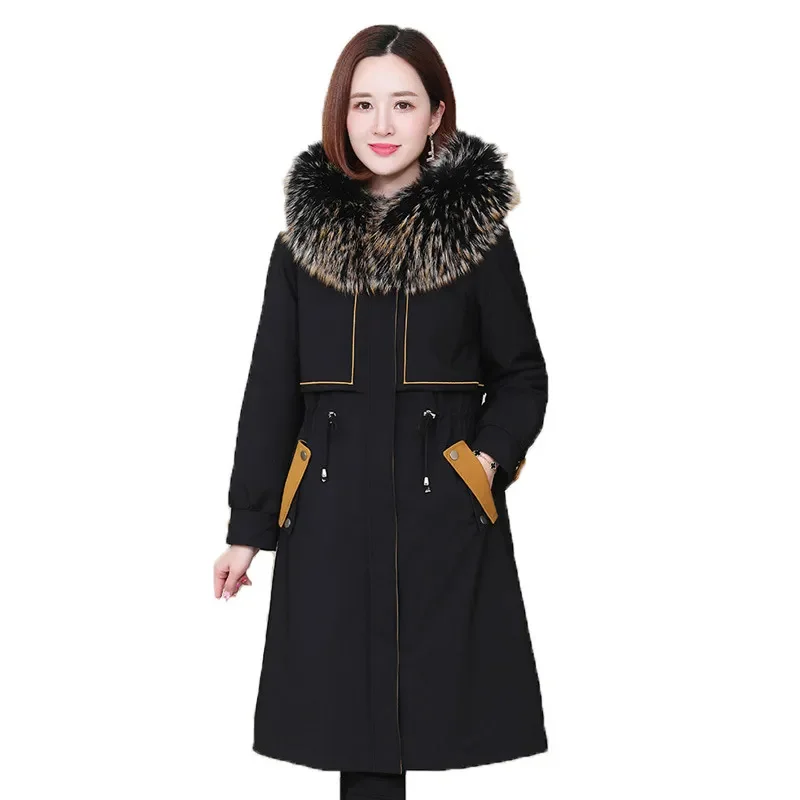 

Raccoon Fur Collar Parkas Women's Long Drawstring Waisted Elegant Double-Faced Overcoat Real Rabbit Liner Winter Coat