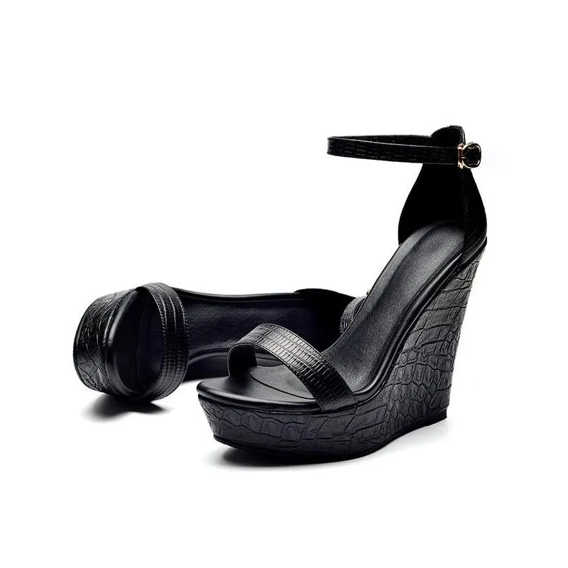 Фото alejka 12CM sandały na koturnie damskie letnie skórzane czarne rzymskie słowo klamra wodoodporne grube dno bardzo wysokie z butami ms peep-toe №5