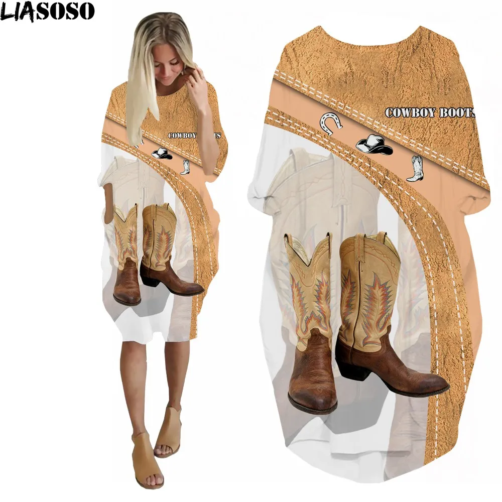 

LIASOSO 2022 High Quality Trend Space Men's Woman O Neck Cowboy Boots Fitness Pocket Skirt Design Woman 3D Print Street Dress
