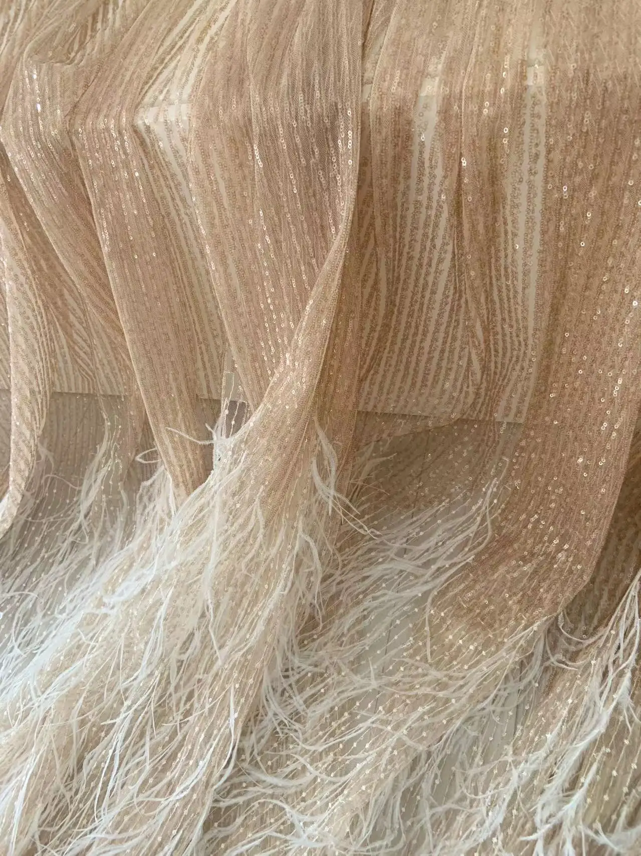 Deluxe1 Yard Rose Gold Plumes Fringe Tulle Lace Fabric with Sparkling Sequined Mest for Bridal Decor,Couture Dress Accessories
