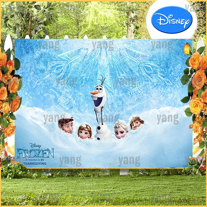 

Disney Custom Cartoon Cute Olaf Frozen Princess Elsa Anna Hans Birthday Party Snowflake Backdrop Photography Background