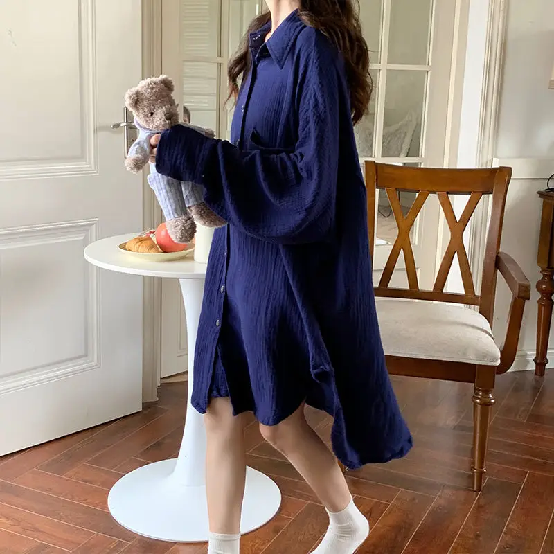 QWEEK Cotton Sleeping Shirt Woman Cardigan Home Clothes Casual Long Sleeve Print Sleepwear Korean Style Gauze Soft Nightie