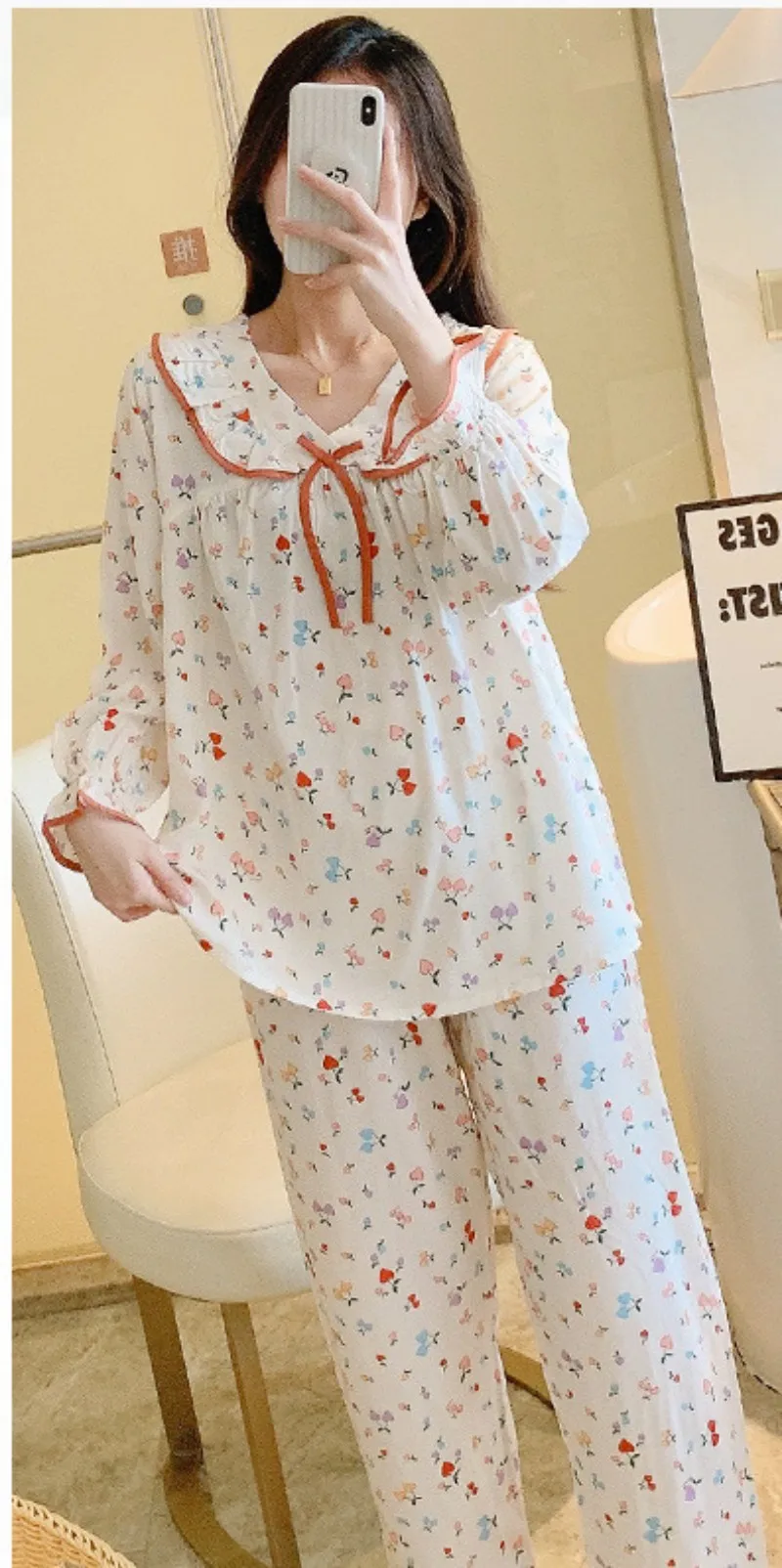 Korean Version Of Student Home Cloths Long-sleeve Cotton Silk Suit Garden Collar Casual Breathable Women's Wear 2023 New Edition