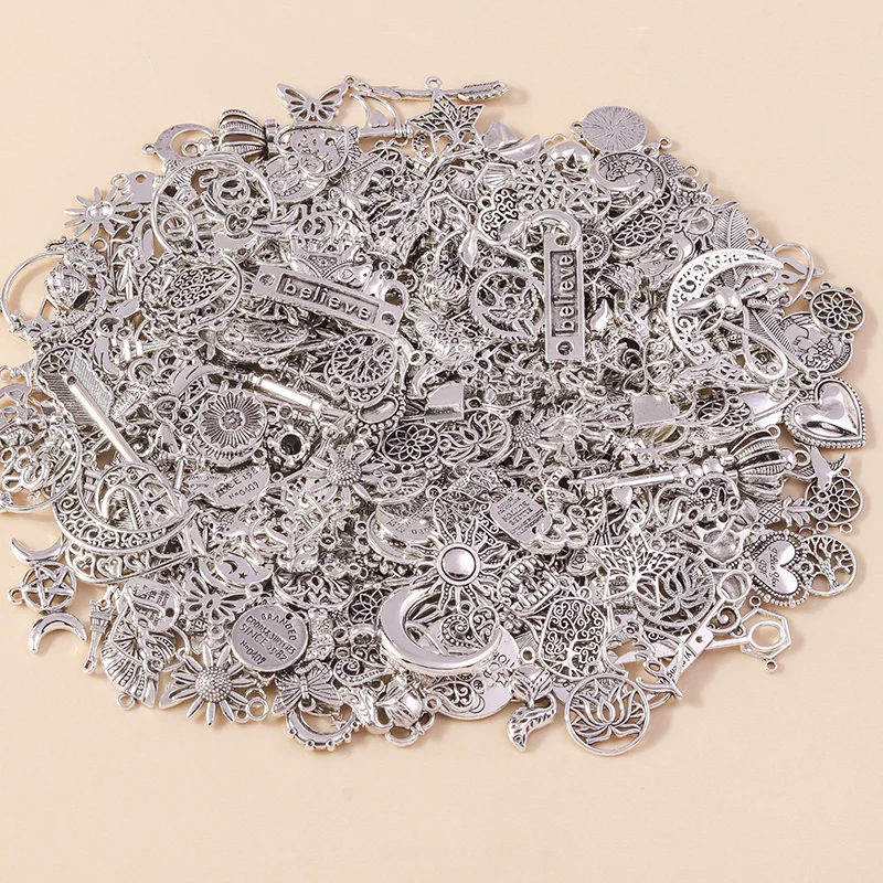 

Mixed 20/100pcs Silver Color Animal Moon Heart Cross Feather Rose Wing Shell Pendants for Necklace Bracelet DIY Jewelry Making