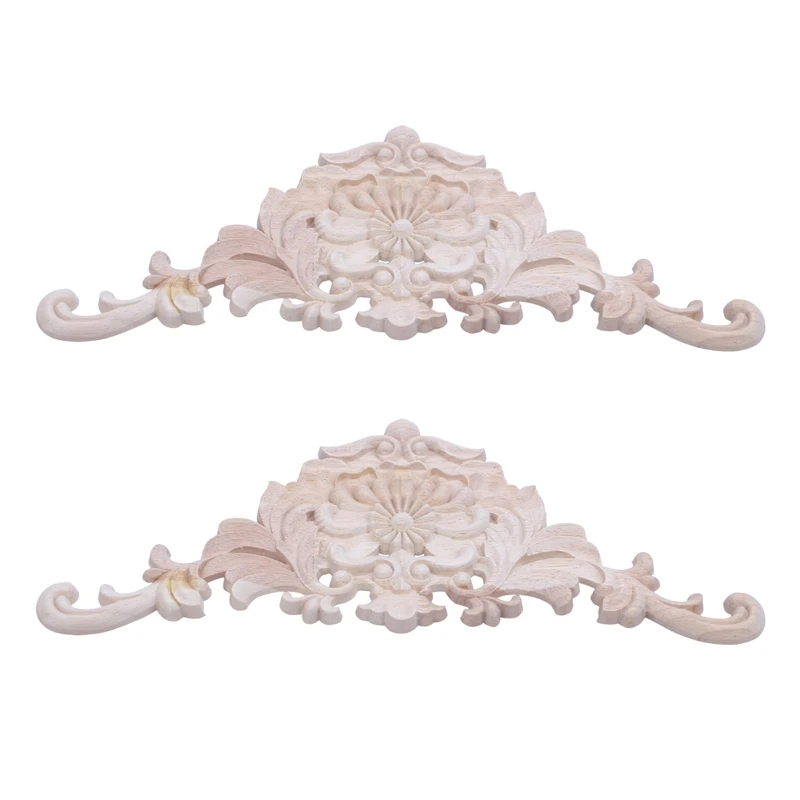 

2X Rubber Wood Carved Applique Retro Furniture Craft Decor 38 X 15 X 1.2Cm