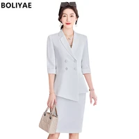 new women temperament self cultivation business formal overalls ladies v neck middle sleeve casual office two piece suit skirt