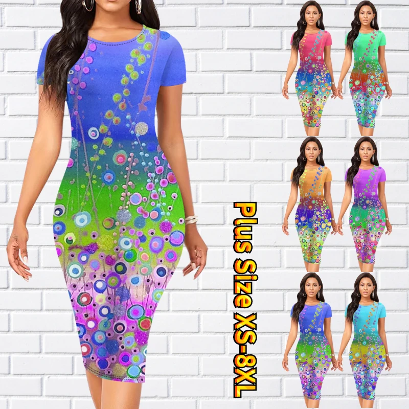 

2023 юбка до колен, платье с круглым вырезом, летняя Новинка, женская модная облегающая юбка с коротким рукавом и принтом, Женская юбка