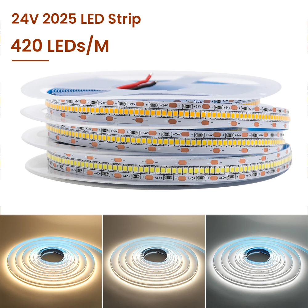 5M/Roll DC 24V LED Strip 420Leds/M SMD 2025 Super Brighter IP20 IP67 Waterproof Flexible Ribbon Tape Rope Lights