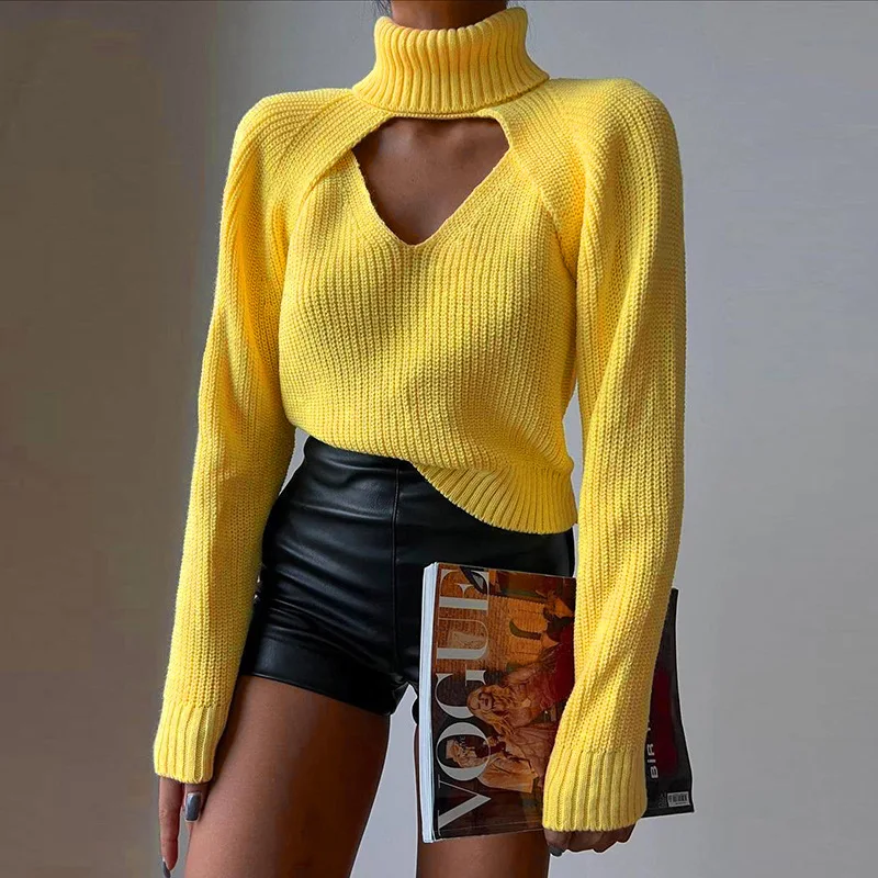 

Y2K Yellow Sexy Mini Long Sleeve Knitted Pullover Sweater Women Winter Casual Tops Set 2022 Outfits Club Fashion Jumpers Sweater