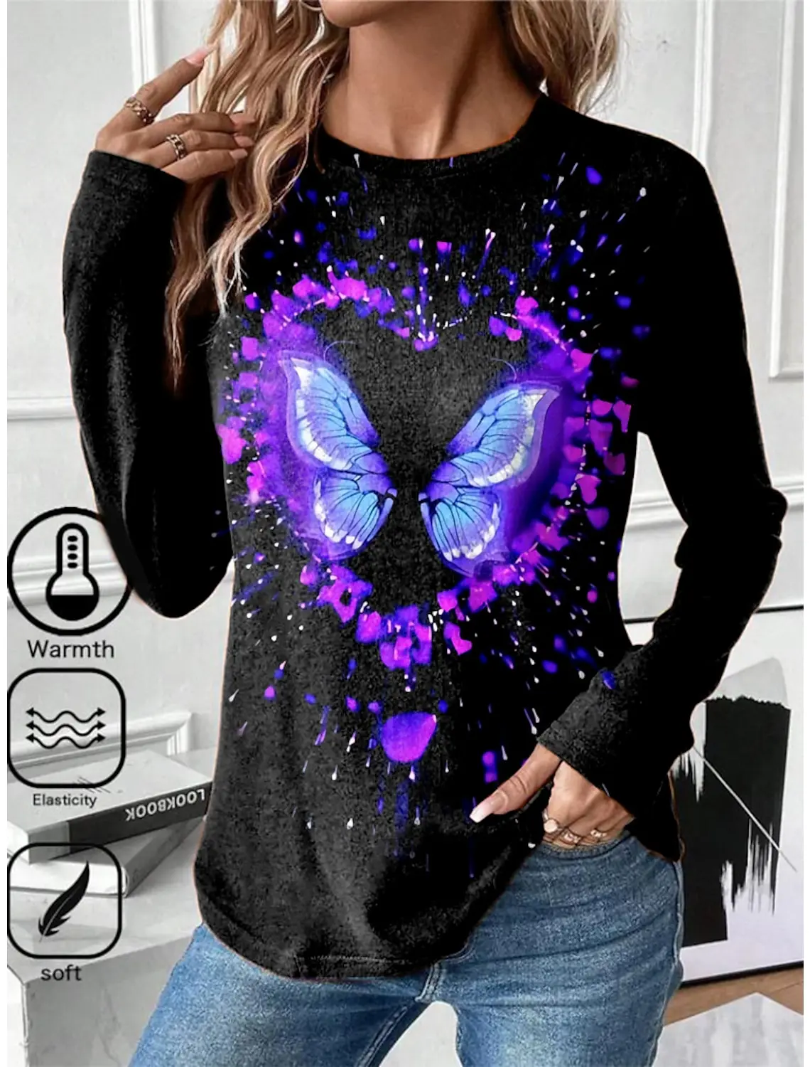 Футболка женская с длинным рукавом и круглым вырезом