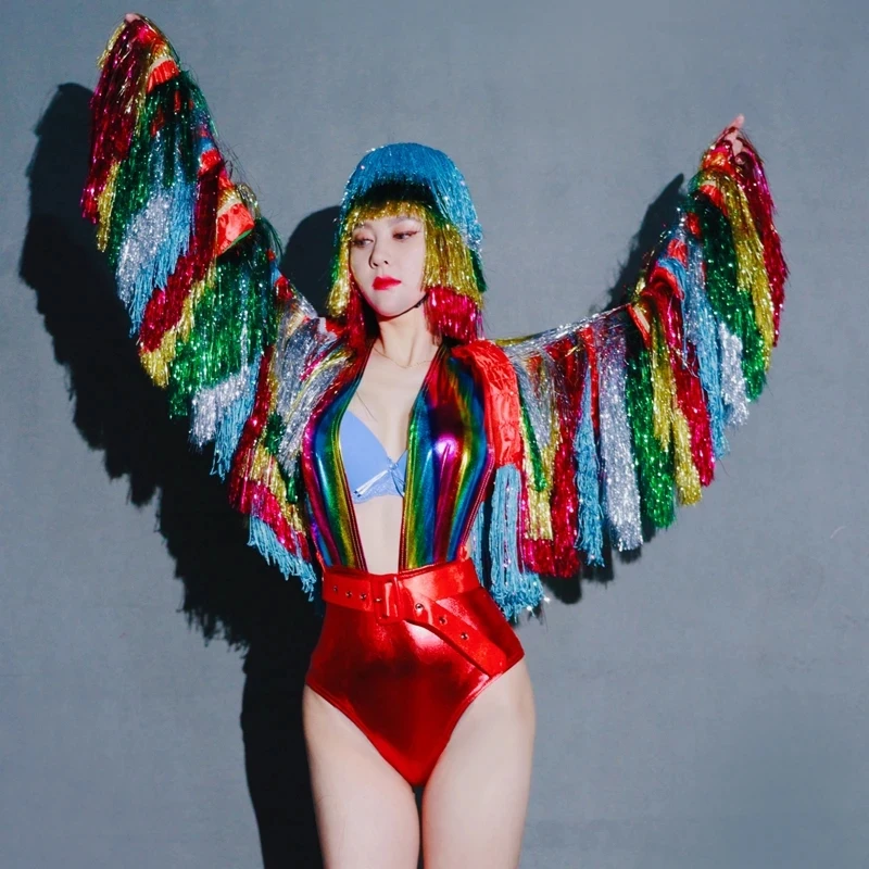 

Dancer Festival Costume Nightclub Dj Ds Colorful Fringed Coat Headwear Rainbow Bodysuit Women Gogo Outfit