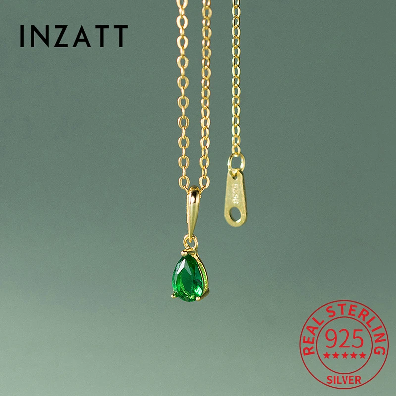 

INZATT Light Luxury 925 Sterling Silver 18K Gold Water Drop Green Zircon Pendant Choker Necklace For Women Cute Fine Jewelry