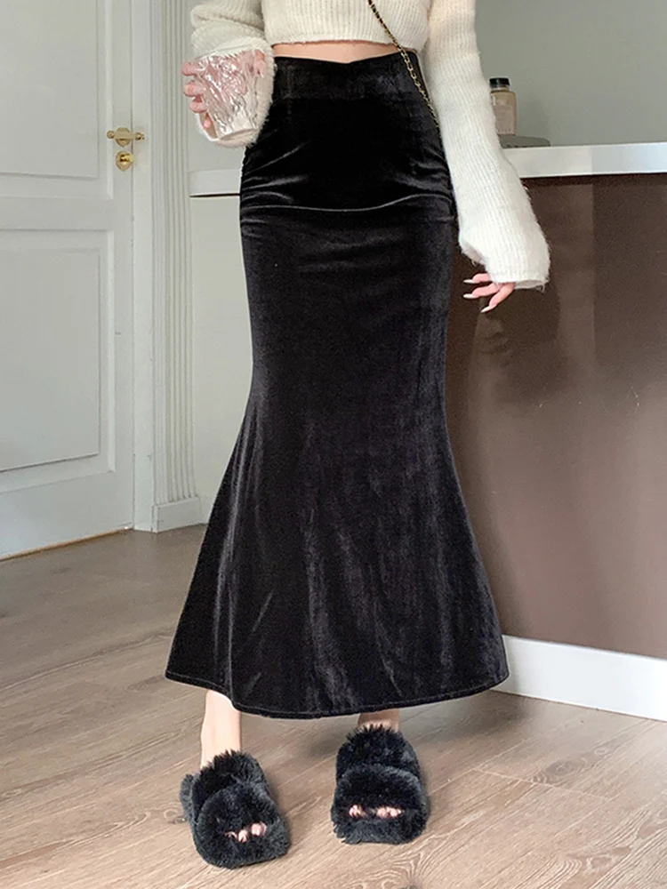 

Женская юбка-годе с завышенной талией, элегантная Длинная черная юбка-трапеция из бархата, в французском стиле, осень