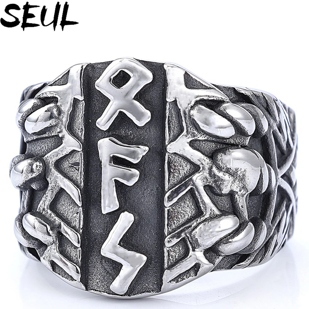 

Seul Viking Mens Fashion 316L Stainless Steel Ring Odin Norse Amulet Rune Jewelry Men Women Unique Biker Punk Jewelry