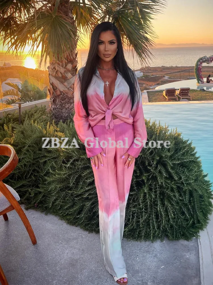 Zbza Женская Атласная Рубашка С Принтом Тай-дай Воротник Лацканами И Длинными