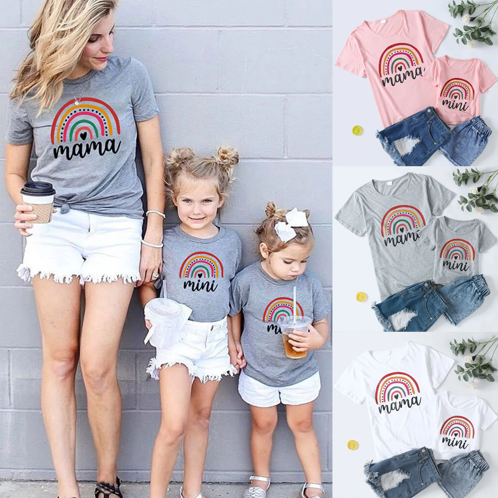 MAMA mini Rainbow Print Family Matching Outfits Summer Short Sleeve Mother Kids Daughter T-shirt Cas