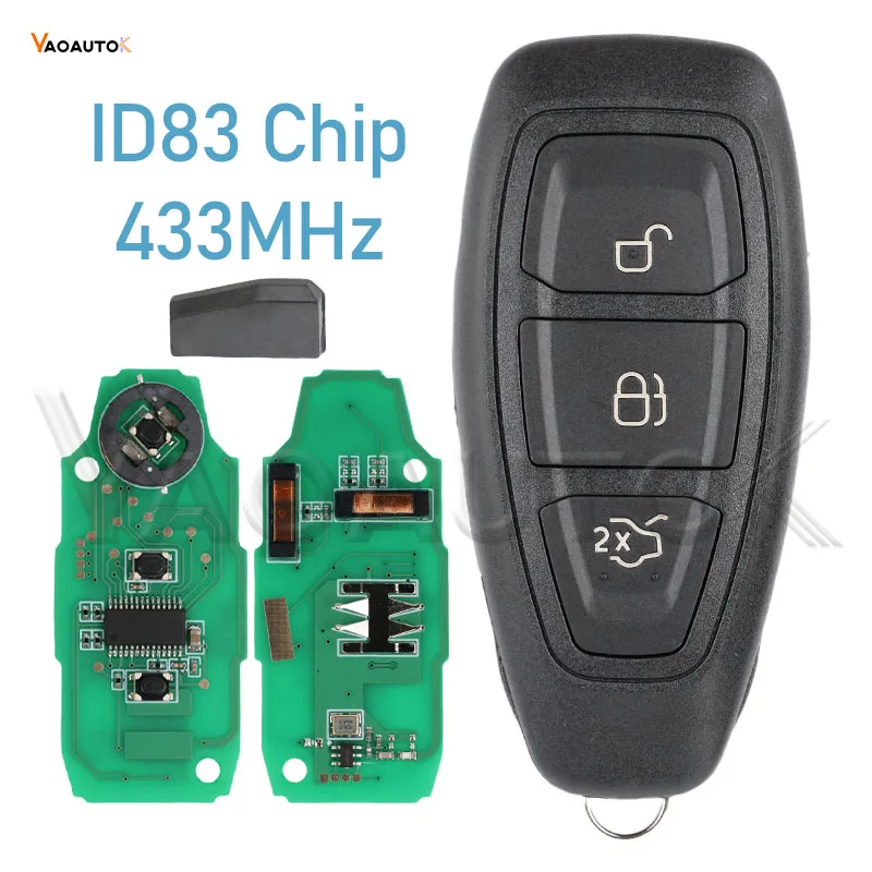 

Умный дистанционный ключ от машины для Ford Focus Kuga Fiesta C-Max Mondeo B-Max, 3 кнопки, бесключевой датчик, 433 МГц, ID83, 49 чипов, лезвие HU101