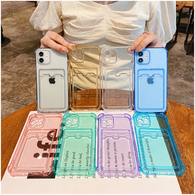 

Transparent Card Slot Bag Holder Case for iPhone 14 13 11 12 Pro Max Mini X XS XR SE 7 8 Plus Clear Shockproof Soft Wallet Cover