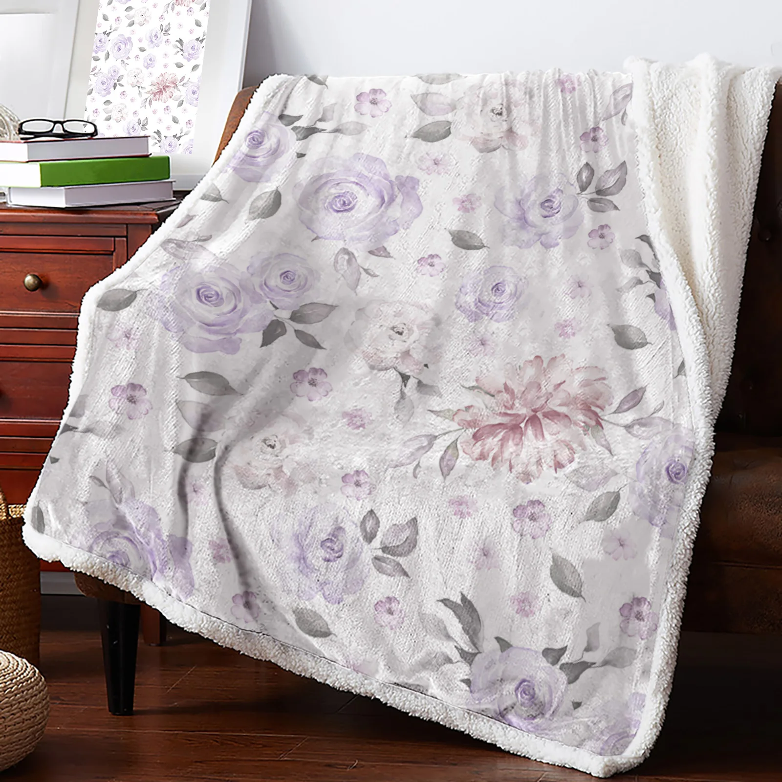 

Watercolor Flower Leaves Lavender Color Sherpa Blanket Double Velvet Flannel Bedspreads Office Nap Throw Blankets Sofa Cover