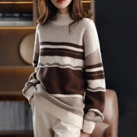 autumn and winter new wool sweater womens half turtleneck knitted slim all match color blocking sweater mid length