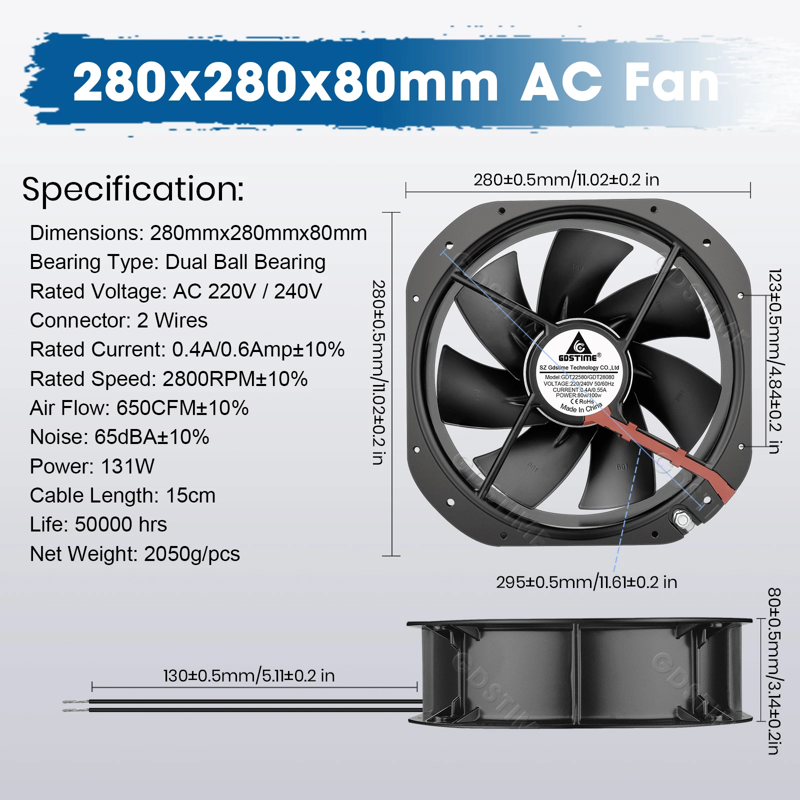 Вентилятор Gdstime 200 мм 220 В переменного тока 240 в 280*80 промышленный вентилятор
