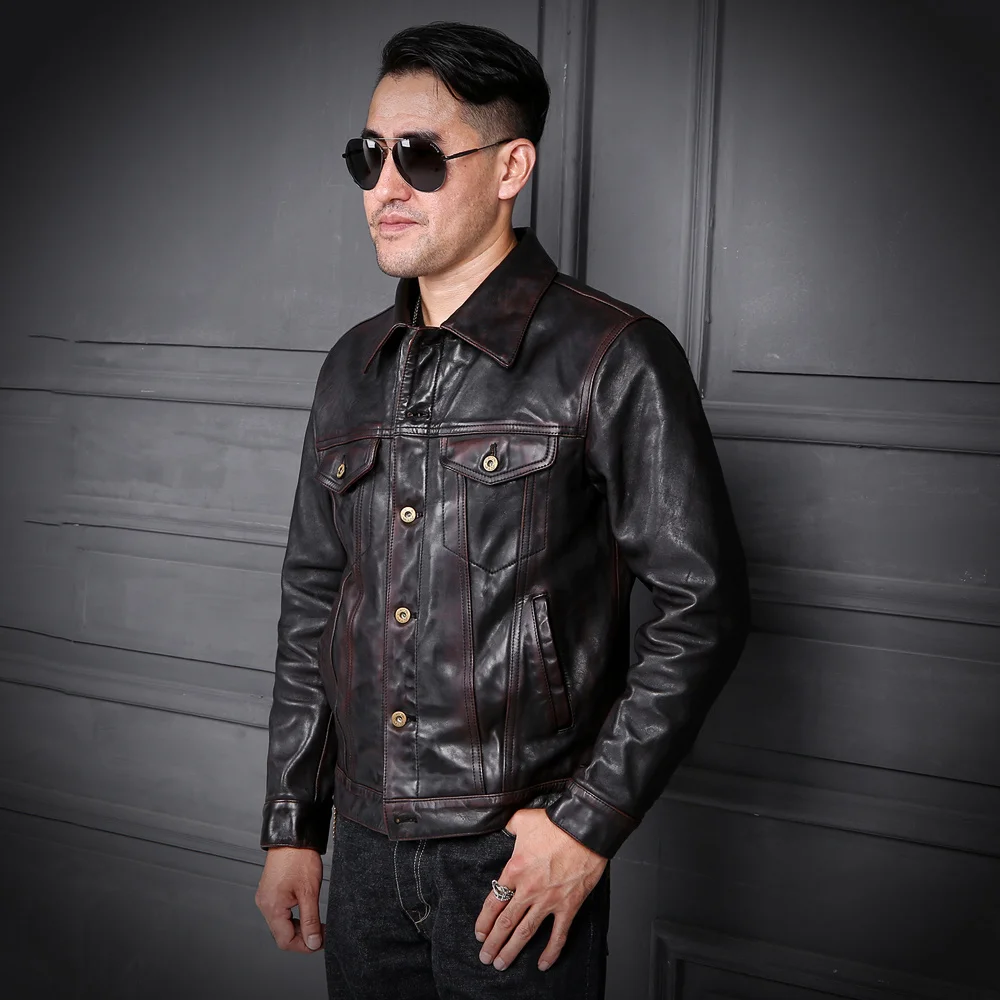 

YR!Free shipping.quality tea core horsehide jacket,Classic casual 557 leather clothes,Man Vintage slim genuine leather coat,