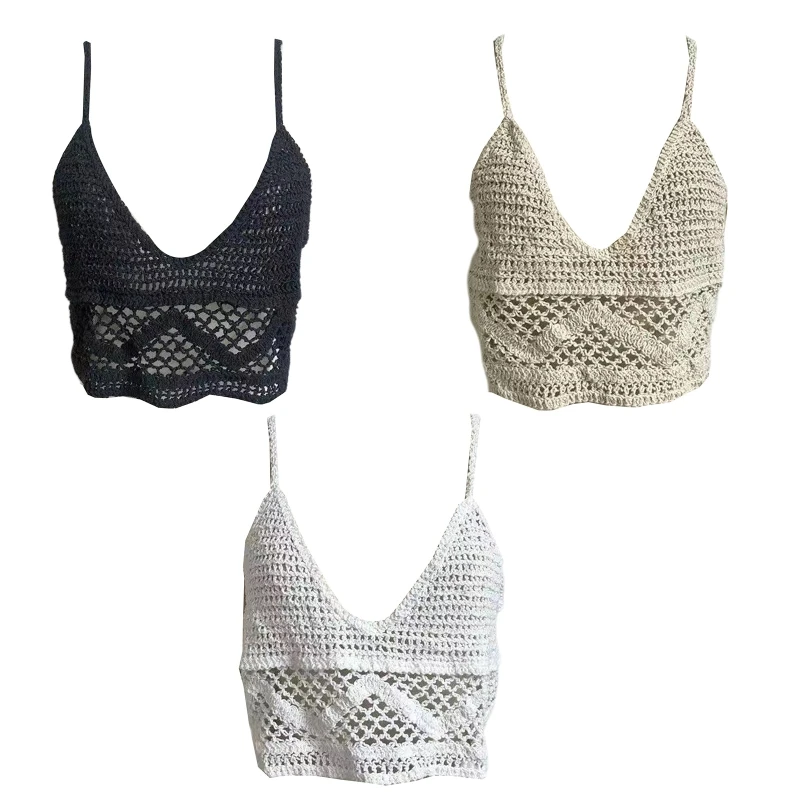 

Y166 Korean Women Crochet Lace Sleeveless Camisole V-Neck Hollow Knit Striped Crop Top Loose Mini Sweater Vest Cover Up