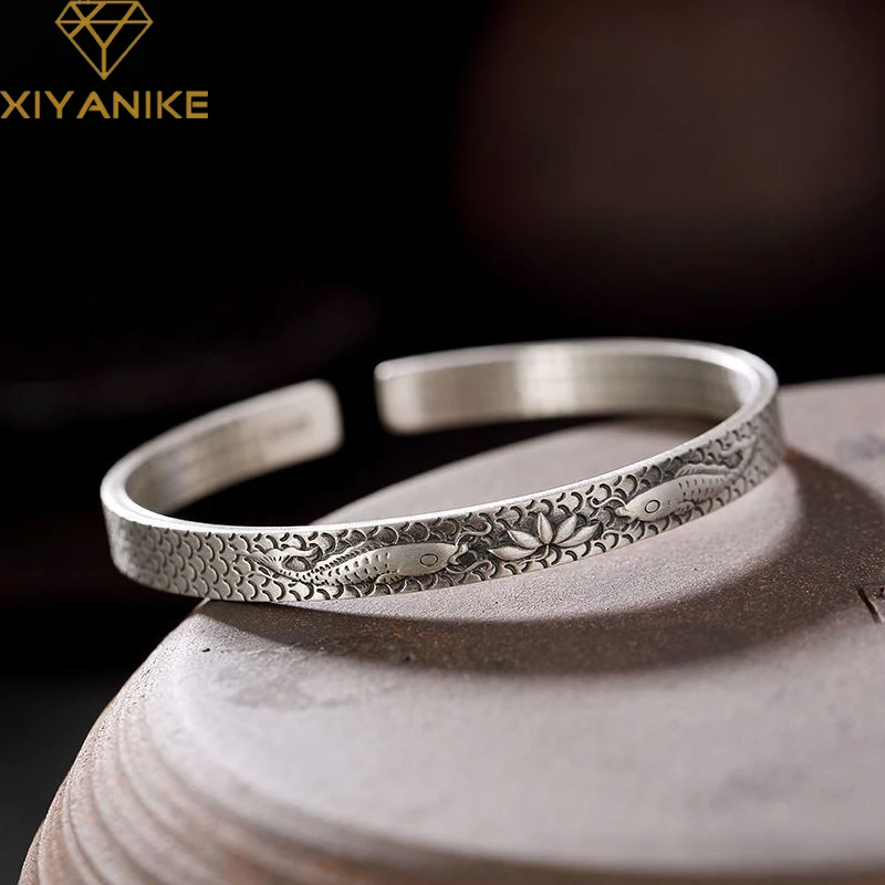 

XIYANIKE Men Two Fish Playing Lotus Cuff Bracelet For Women Girl Ethnic Fashion New Jewelry Party Couple Gift pulseras mujer