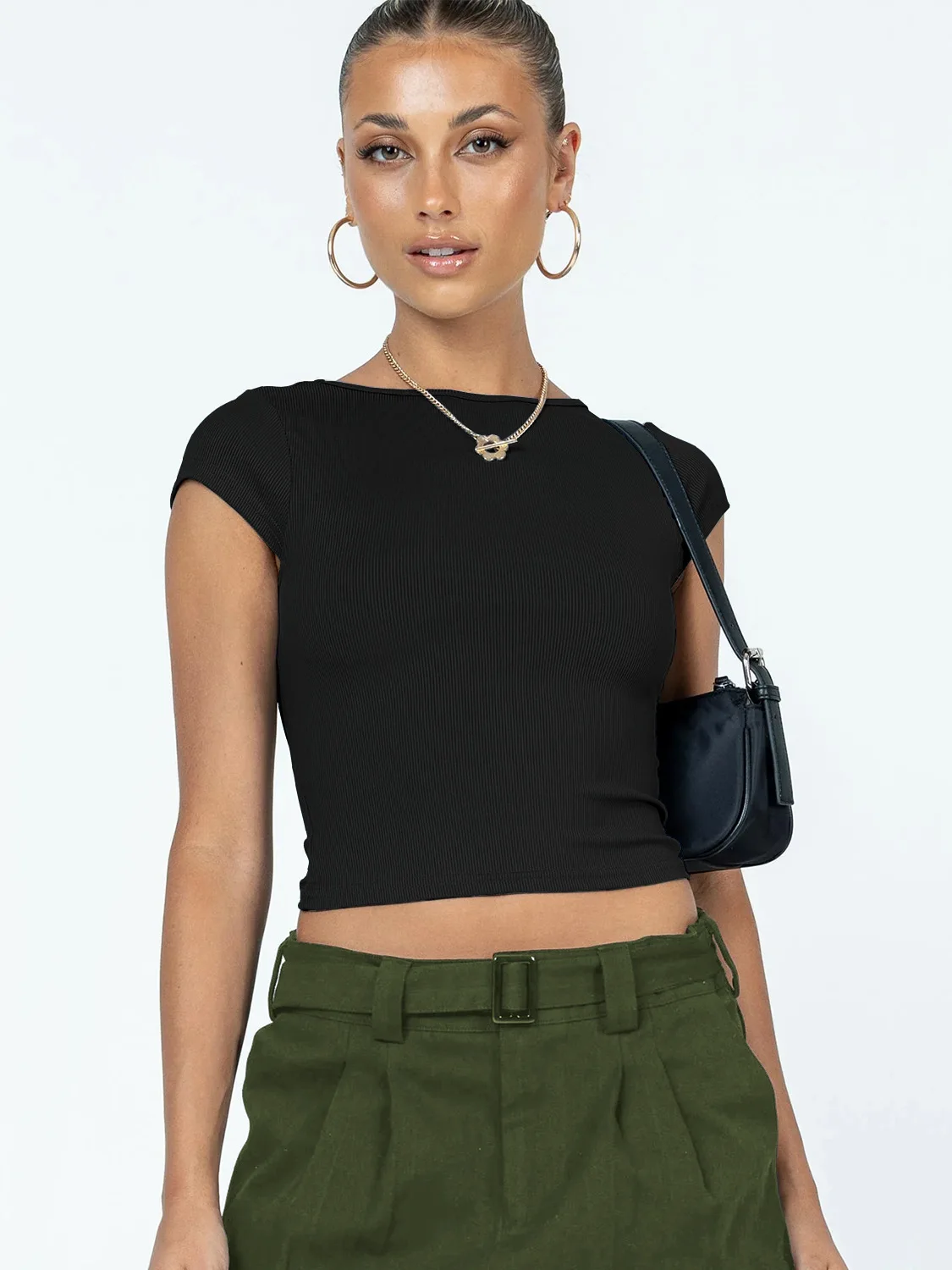 

T-Shirt Crop Top Solid Short-Sleeved Backless T-Shirts Y2k Summer Sexy Open Back Nylon Comfortable Breathable Slim Tops Women