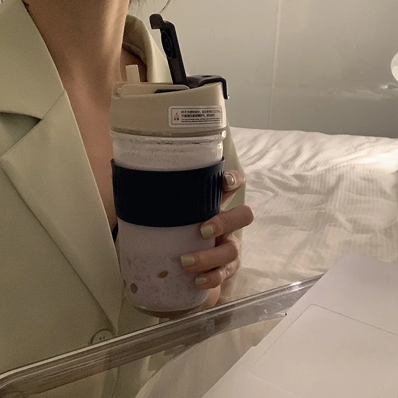 Корейская стеклянная бутылка для воды портативная чашка с крышкой соломинка
