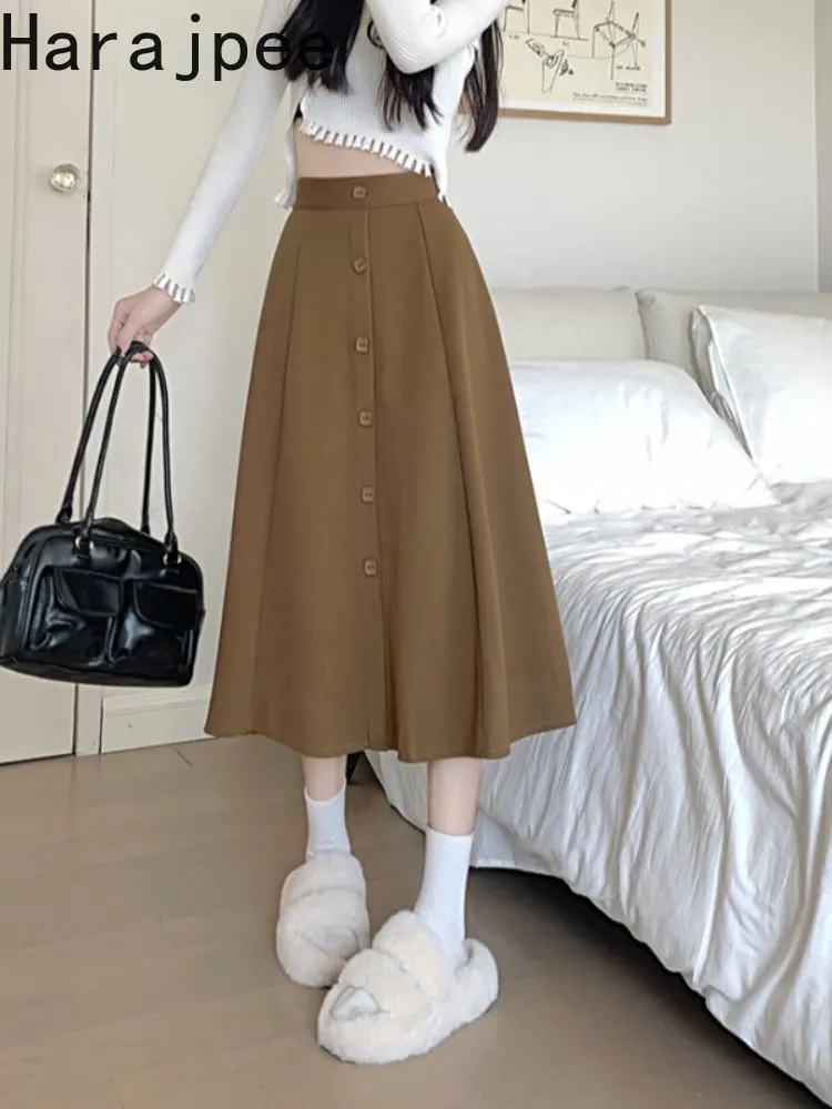 

Женская юбка с высокой талией Harajpee, элегантная Однотонная юбка на пуговицах, универсальная Повседневная Свободная юбка до середины икры в К...