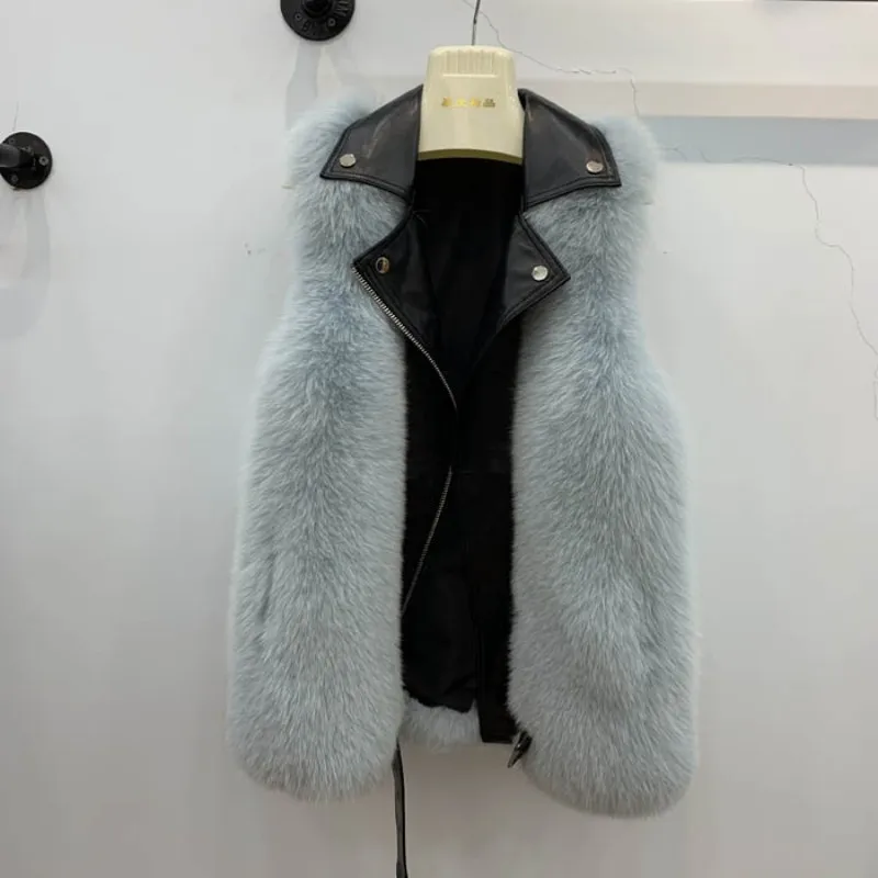 genuine leather vest sheepskin jacket whole skin real fox fur gilet women sleeveless black coats dames jassen winter