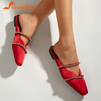 brand new silk mules shoes flat heels pointed toe crystal slip on red women slippers outdoor summer sexy comfy ladies shoes 2022