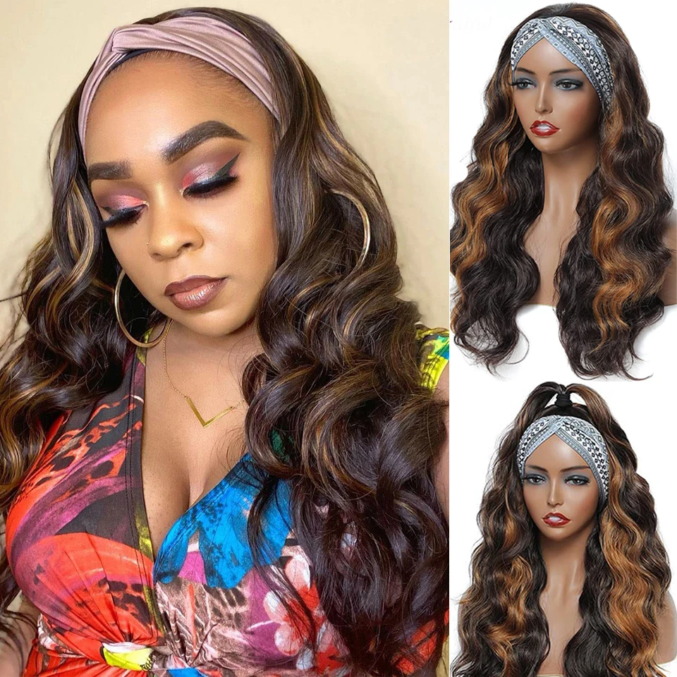 

Brown Headband Wig Human Hair Dark Brown Mix Blonde Highlights Loose Wave Headband Wig Long Wavy Headband Wigs For Black Women