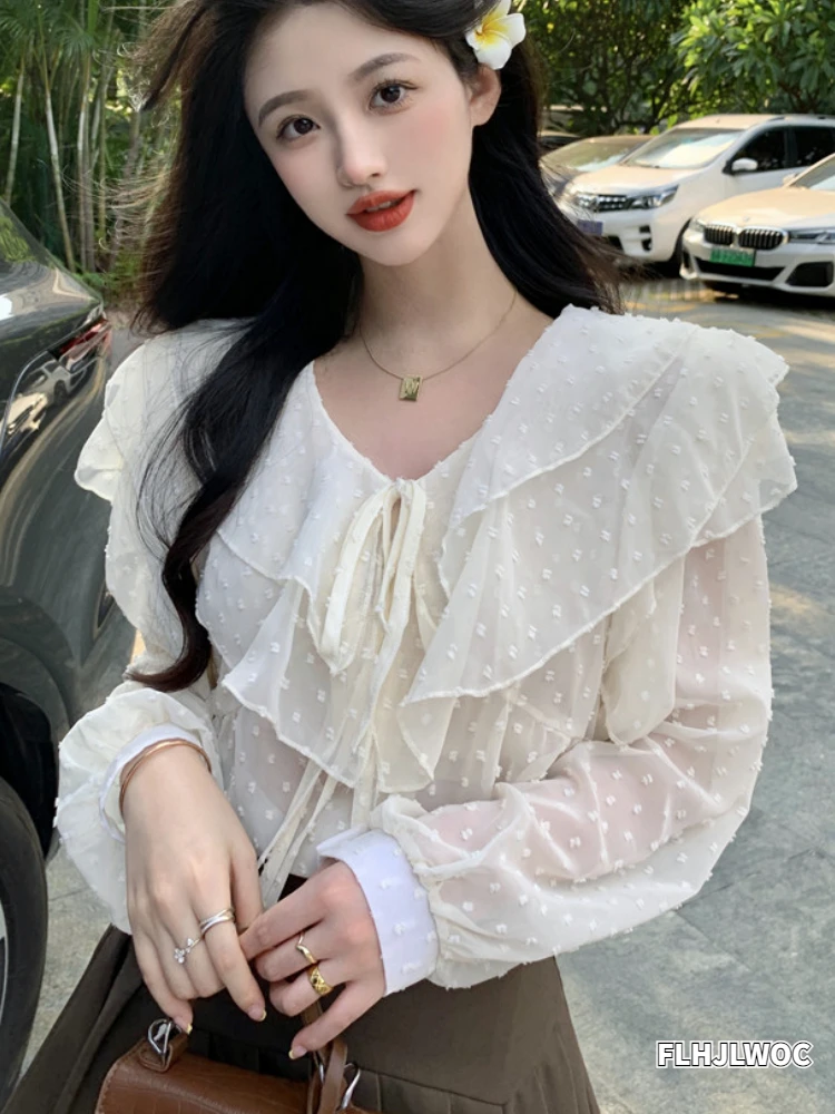 

Basic Shirts Blouses Hot Sales 2022 Women Tops Fashion Design Korea Preppy Style Cute Sweet Peter Pan Collar White Ruffles Shirt