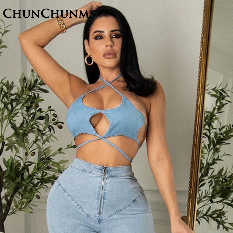 

Летний топ на шнуровке, пикантная джинсовая майка с запахом на груди, облегающие обтягивающие летние рубашки Y2K, женская одежда, одежда для с...