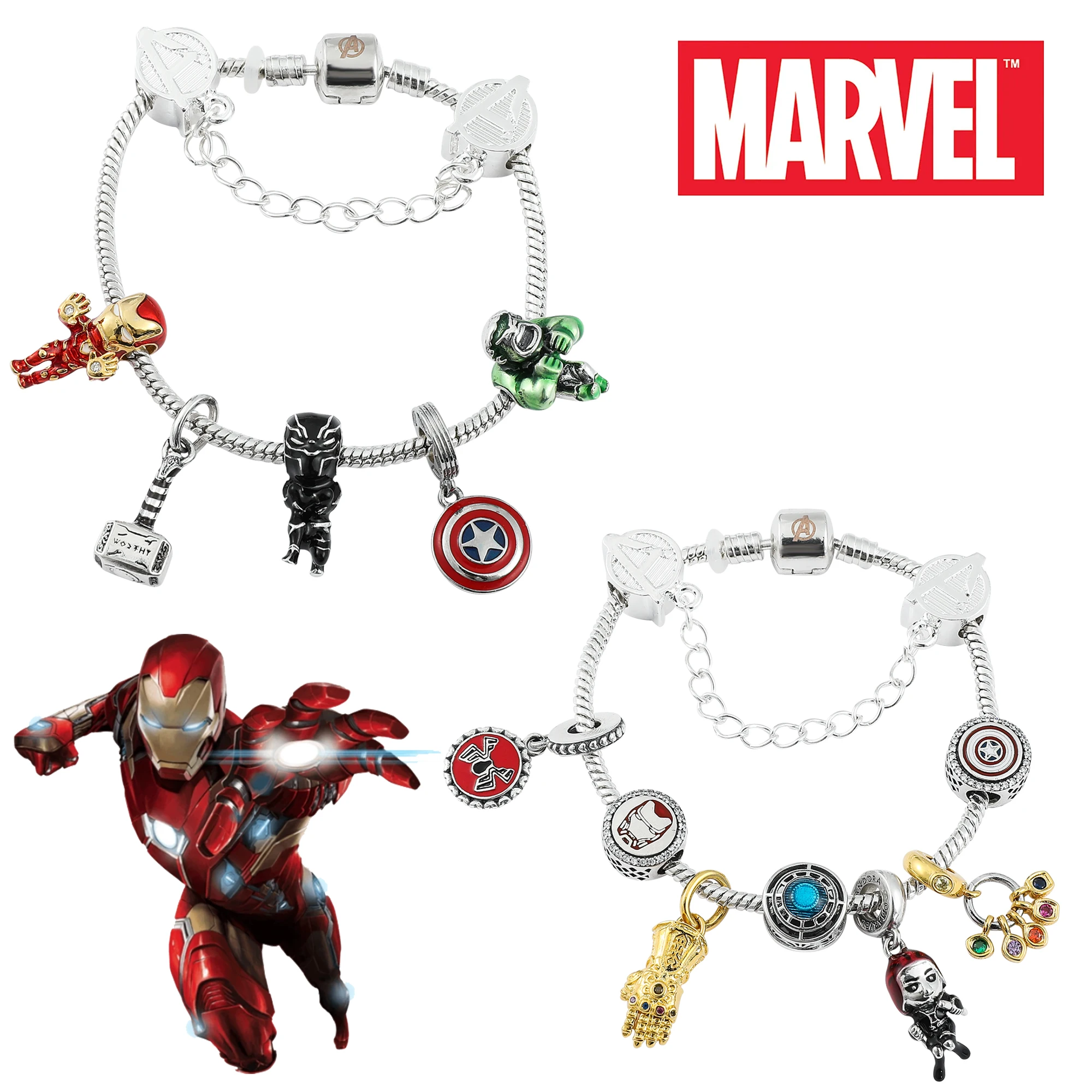 Superhero Marvel Avengers Infinty Stones Mjolnir Thor Hammer Iron Man Captain America Spiderman DIY Crystal Beads Charm Bracelet