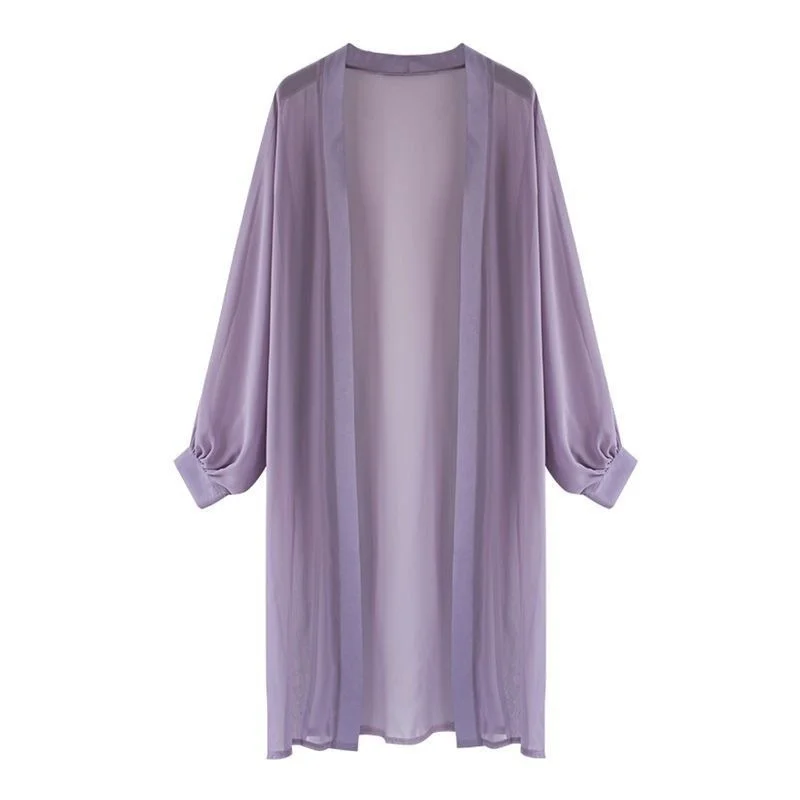 

2023 Summer Bohemian Purple Long Sleeve Beach Wear Mid-long Kimono Cardigan Tunic Women Tops Chiffon Blouse Shirt Femme X67