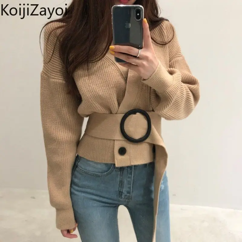 

Koijizayoi Fashion Women Cropped Cardigan Solid Chic Korean Office Lady Slim Lace Up Kardigan Knitted V Neck 2022 New Cardigans