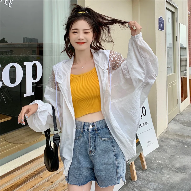 

Женская сетчатая куртка с блестками, белая тонкая Солнцезащитная куртка с перфорацией и рукавами «летучая мышь», Короткая Повседневная Вер...