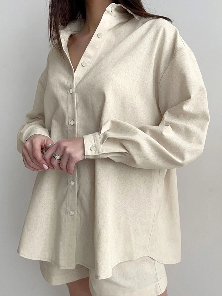 

Linad Loose Women's Home Clothes 2 Piece Sets Apricot Long Sleeve Pajamas Female Casual Suits With Shorts Summer Sleepwear