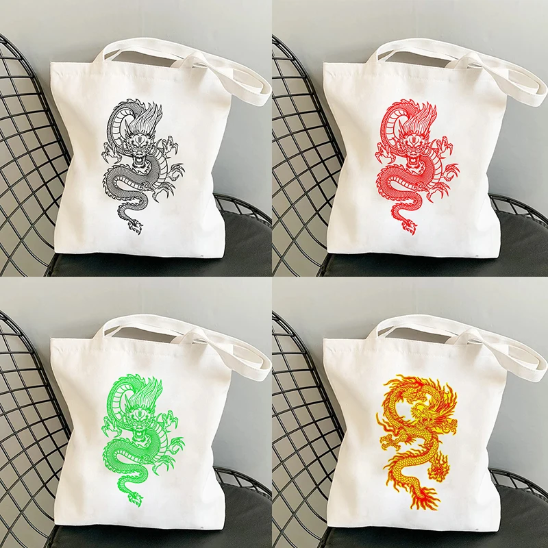 

Модная Холщовая Сумка для покупок в китайском стиле с изображением дракона, сумочка-тоут в стиле Харадзюку, Повседневная вместительная сум...