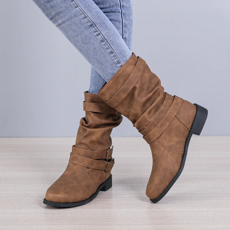 Retro Boots Women 2023 New Tooling Boots Large Size Short Boots Thick Heel Knight Boots Boots Brown Leather Heels