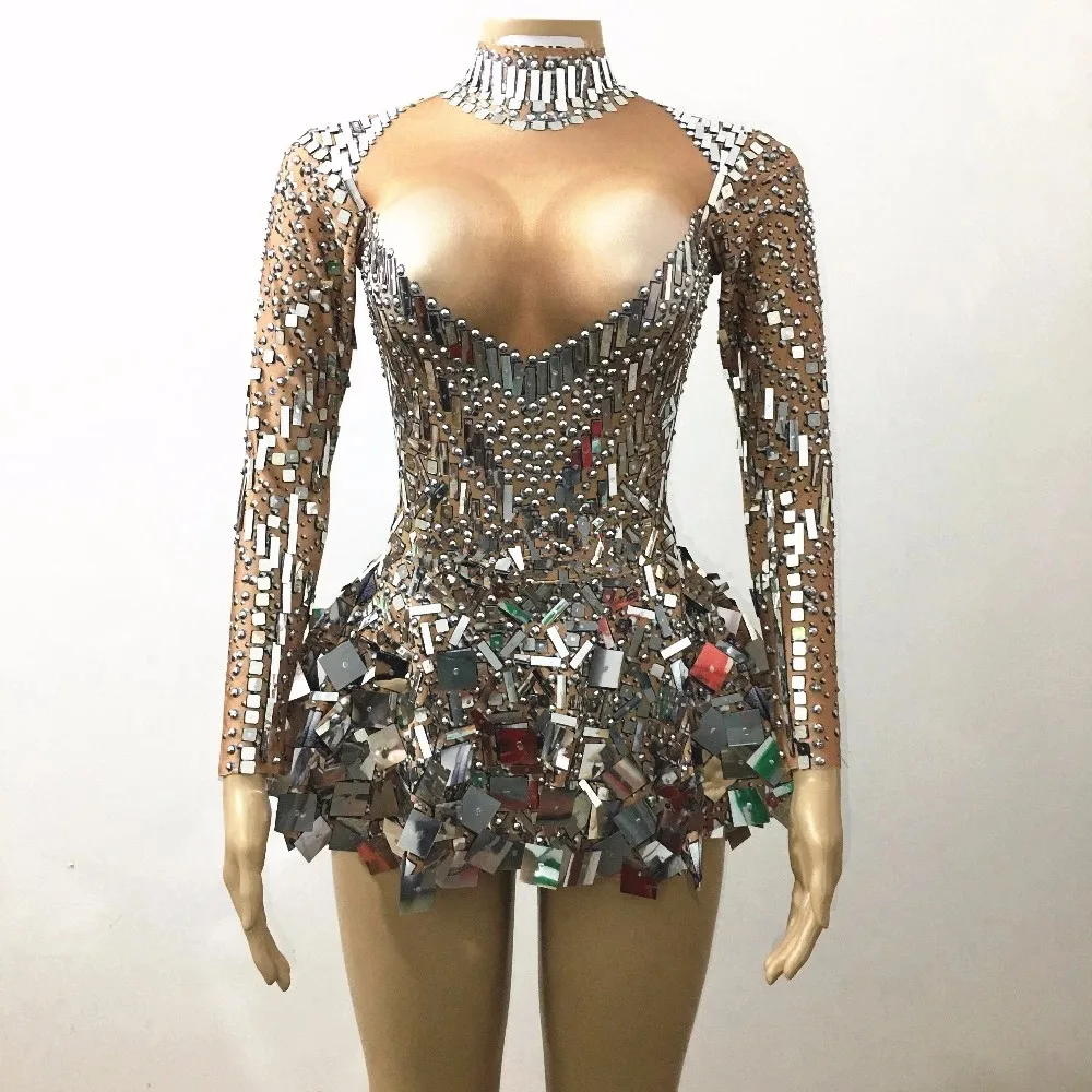 

Shining Silver Mirrors Stone Dress Female Singer Dancer Bright Bodysuit Costume One-piece Nightclub Dress Oufit Party Dresses