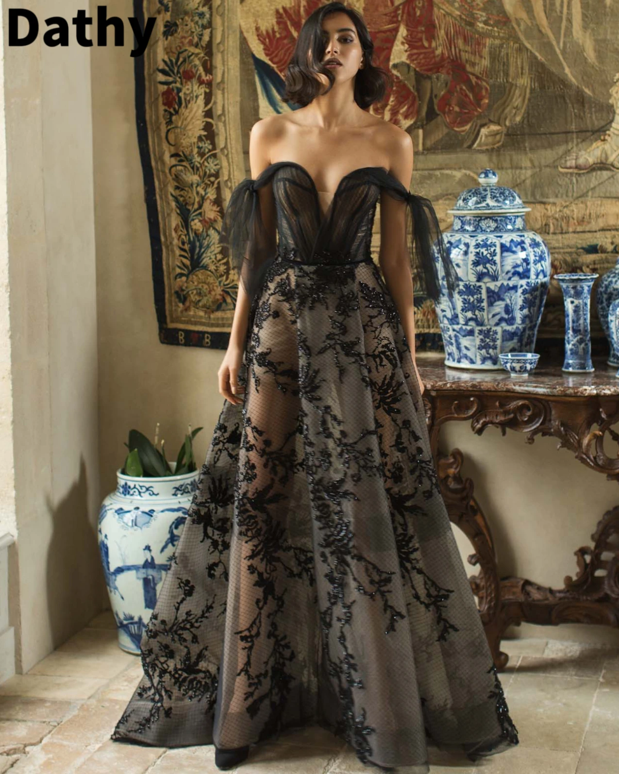 

Dathy Gothic Black 2023 Prom Dress with Tulle Perspective Elegant Sea Long Dress Sexy Off Shoulder Formal Occasion Customization