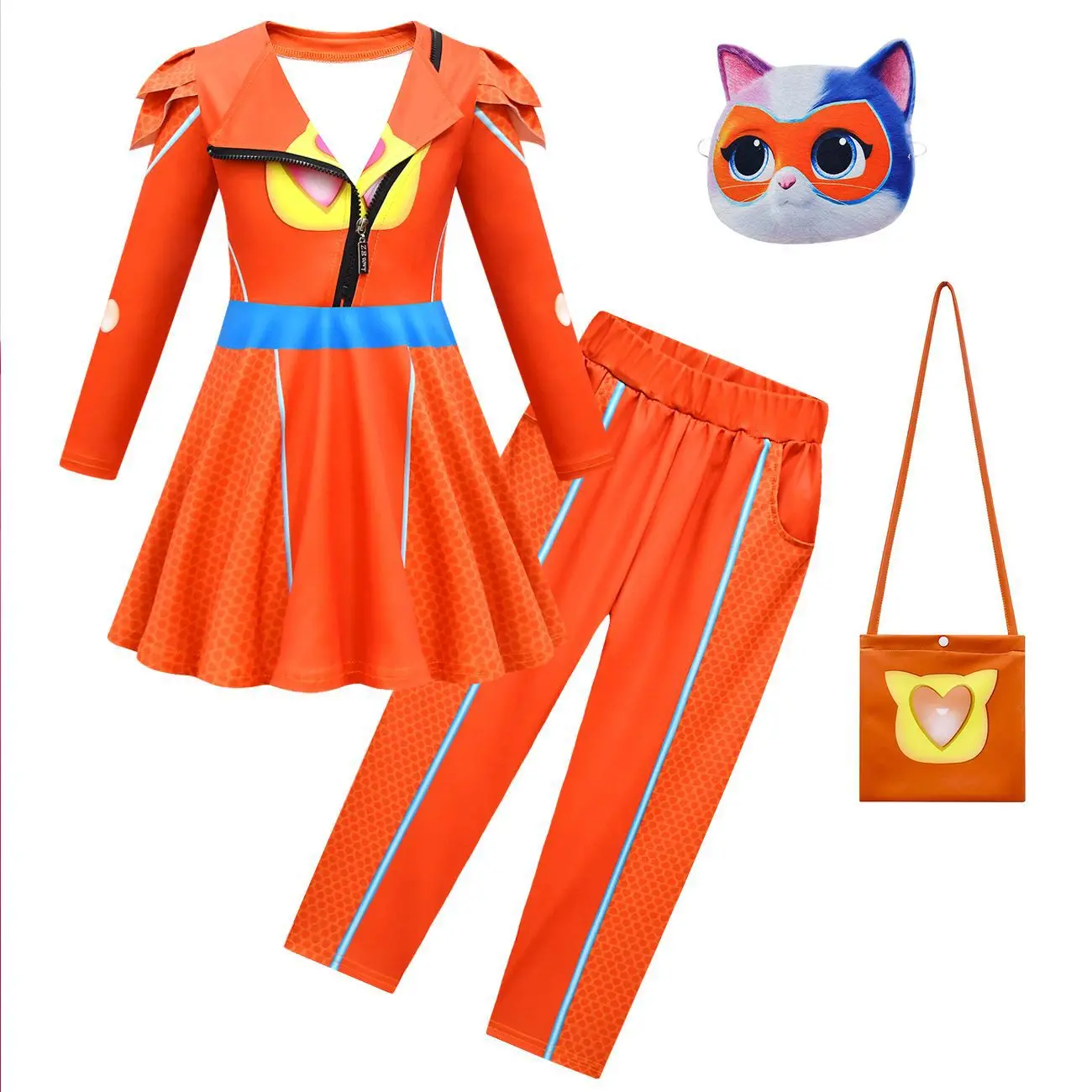 NEW SuperKitties Cosplay Costume Children Girls Super Kitties Anime Clothes Dress+mask Set Kids Carnival Halloween Birthday Gift