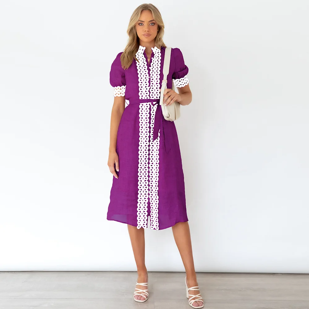 

Women's dress summer new slim short-sleeved lace contrast color temperament commuter mid-length dress