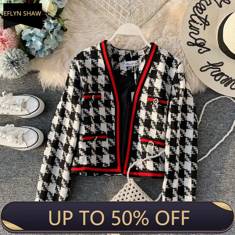 

Autumn French Fashion Houndstooth Short Jacket Elegant Women Black Plaid Short Tweed Jackets Cardigan Female O Neck Mini Coat