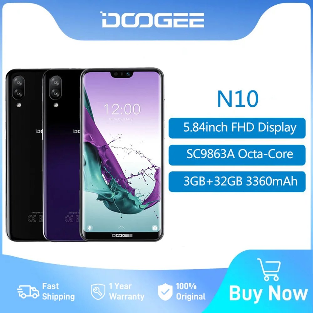 

DOOGEE N10 Mobilephone 5.84" FHD+ Display 16MP Front 3GB 32GB Camera SC9863A Octa Core Phone 3360mAh Android 8 4GLTE Callphone