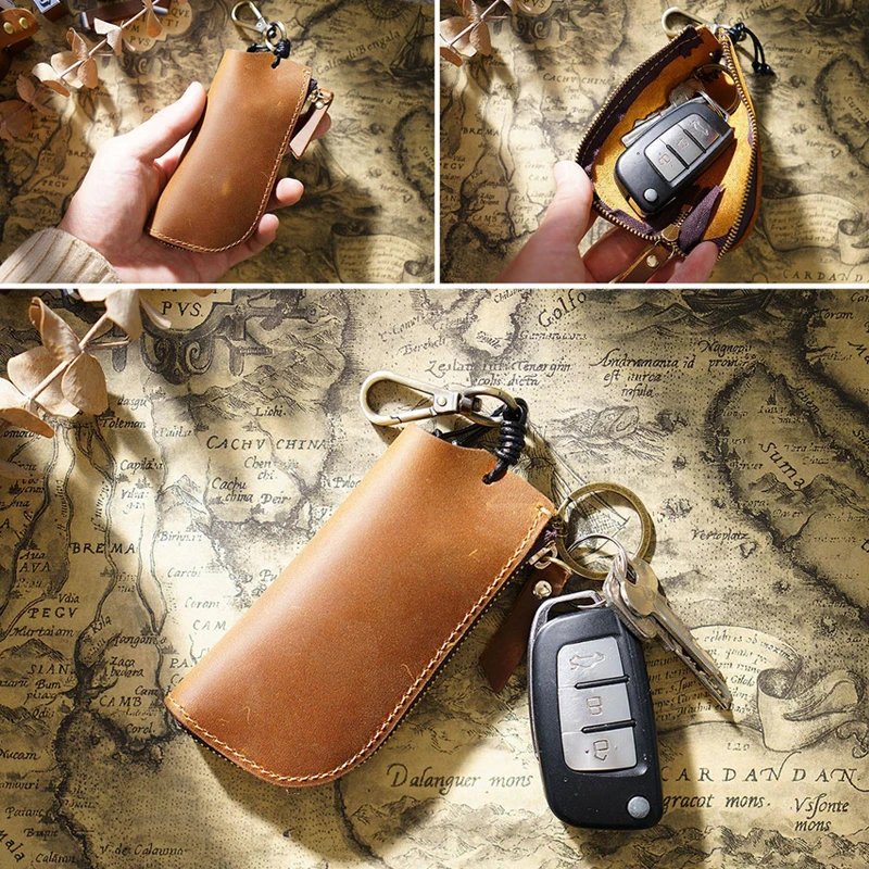 Handmade Genuine Leather Keychain Bag Pendant Key Chain Holder Portable Nature Cowhide Zipper Wallet Storage Bag